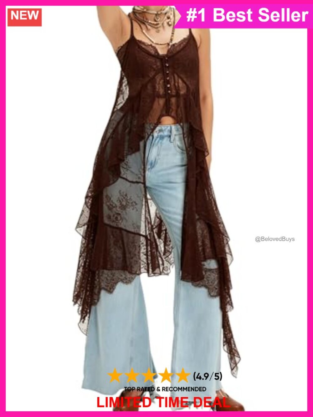 Boho Lace Sheer Long Cami Spaghetti Strap High Low Ruffle Top
